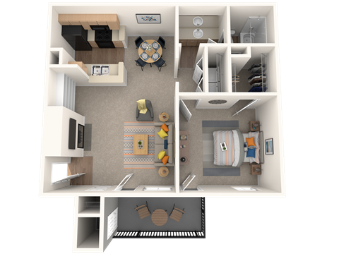 Floor plan for 1 bed, 1 bath, 722 sqft
